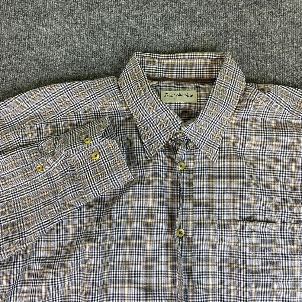 David Donahue Men’s XL Plaid Long Sleeve Button Up Shirt 100% Cotton Blue Tan